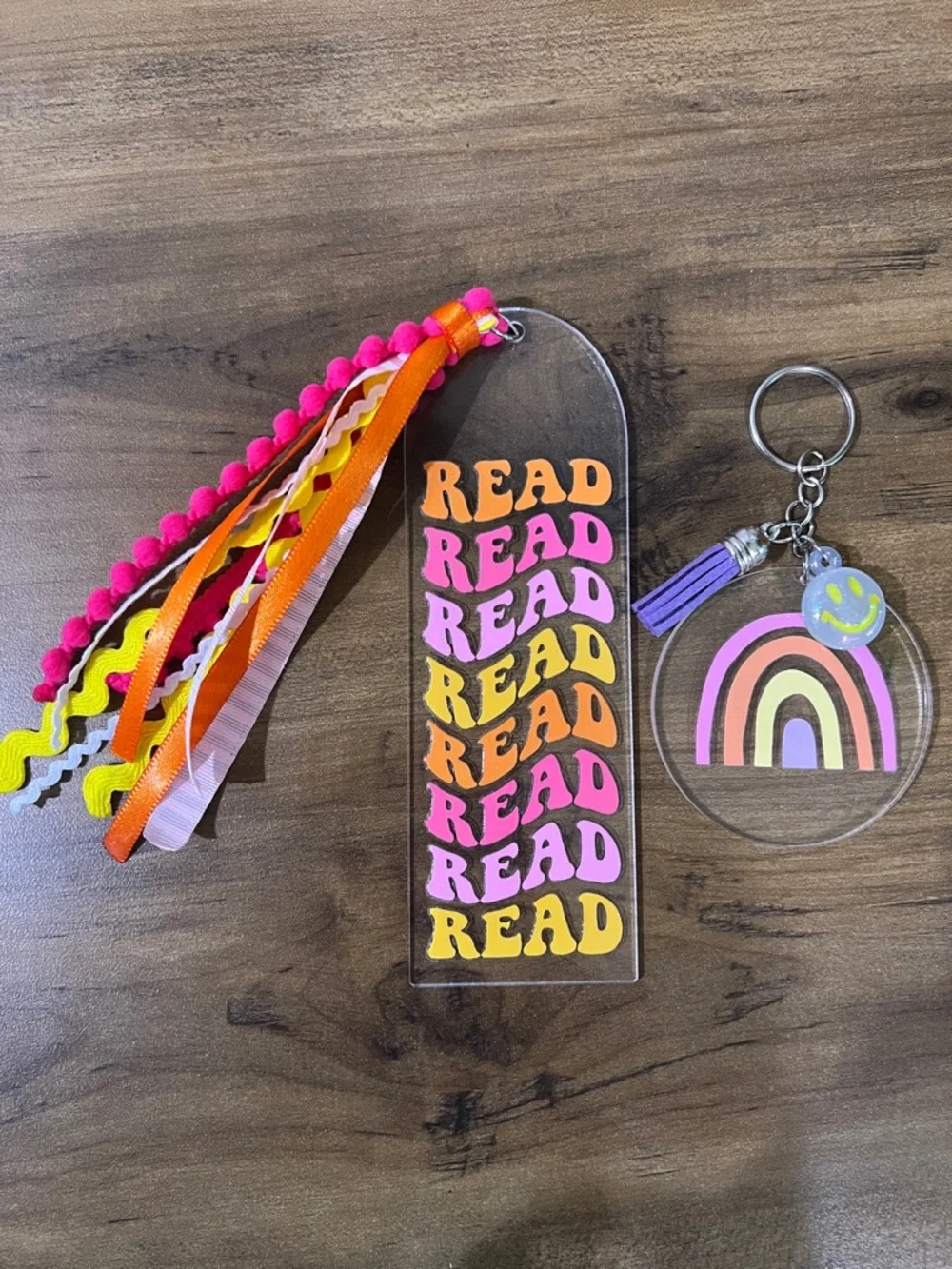 Handmade READ Acrylic Bookmark and Rainbow Keychain Set